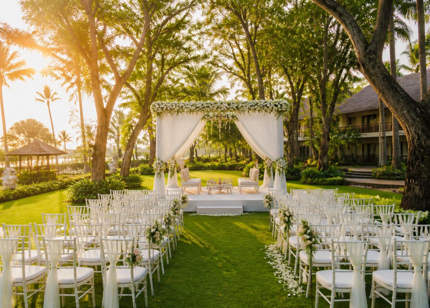 Resort gardens and outdoor event lawn under tall trees